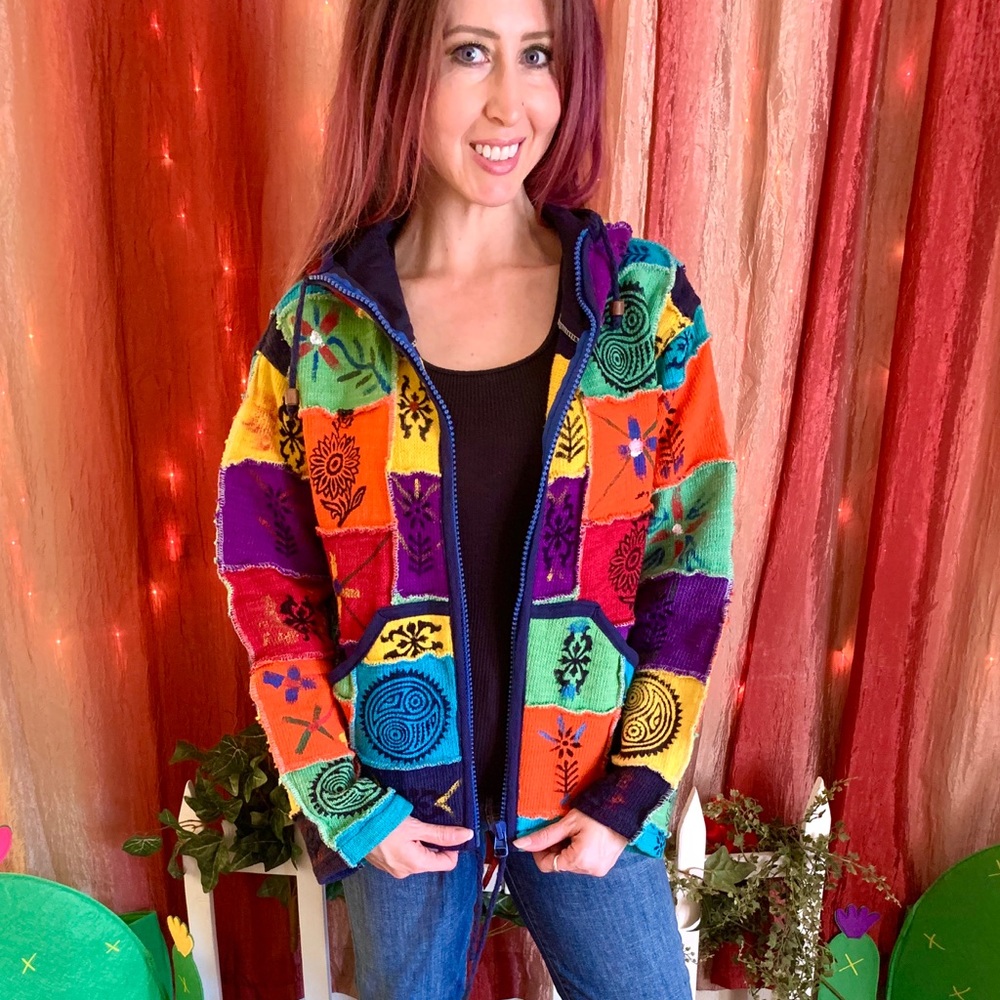 Rainbow patchwork sweater.🌈